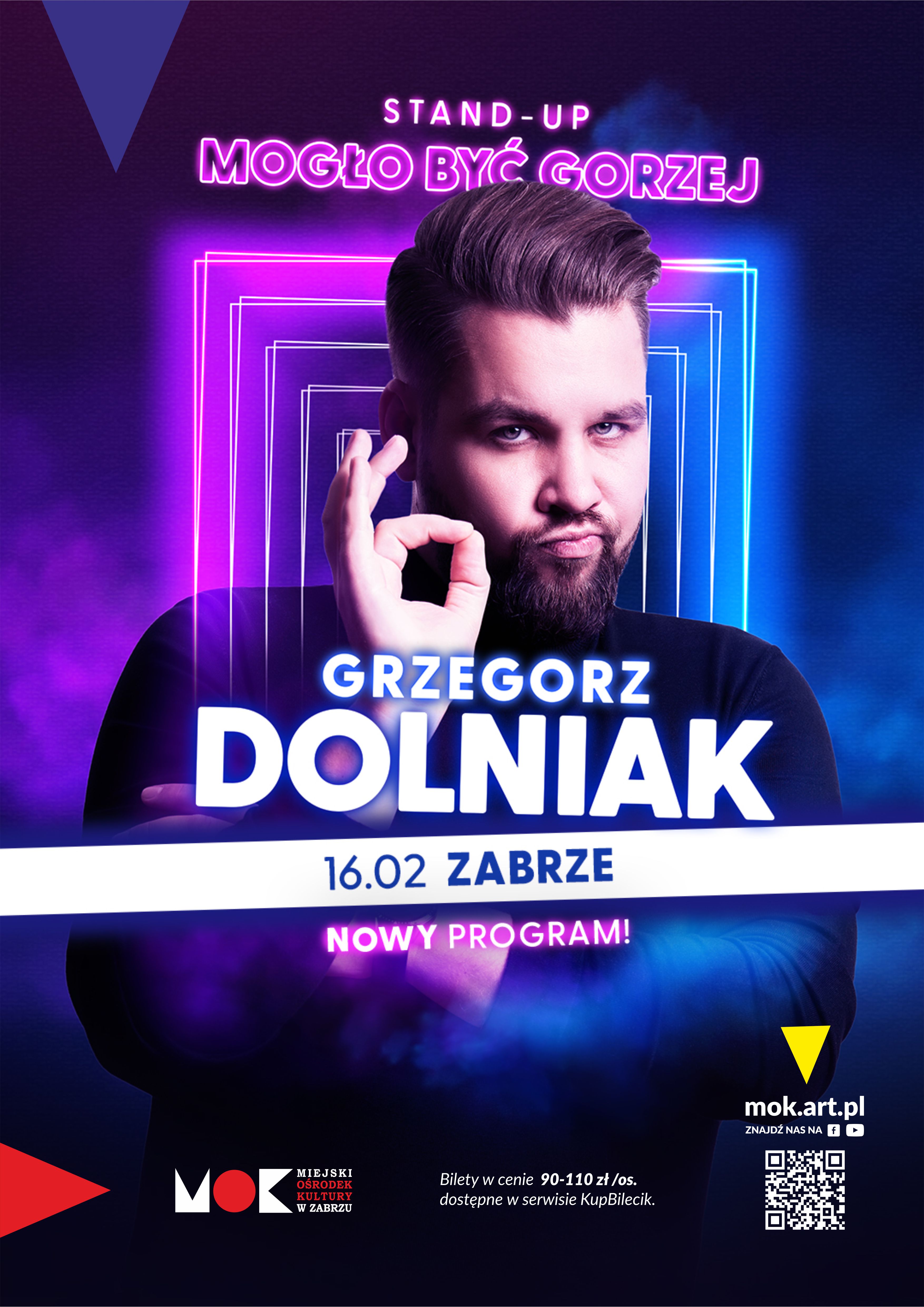 granatowo-różowy plakat z wizerunkiem artysty i informacjami o wydarzeniu